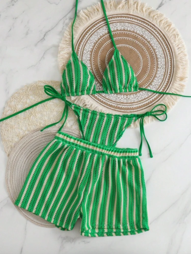 

Bohemian Crochet Bikini Set 3 Piece Swimwear Coverup Drawstring Beach Vacation Summer Women Fashion 2025 New