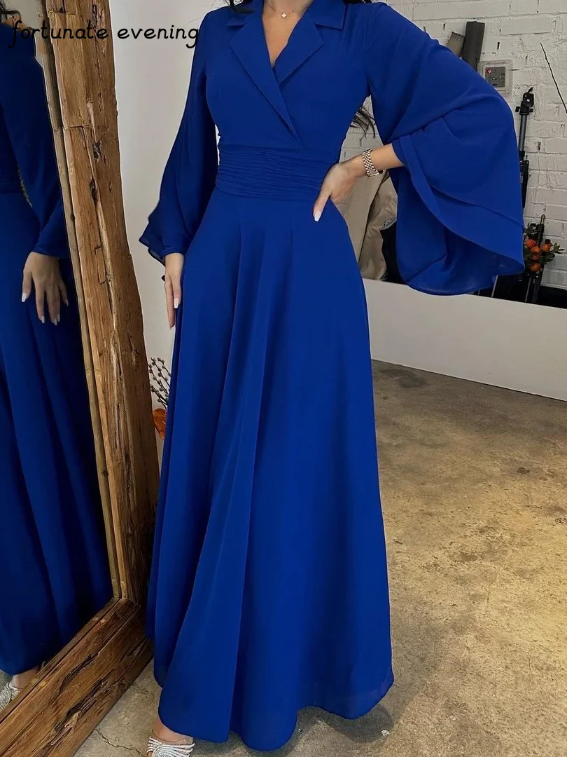 Fortunate Evening Elegant Vintage Dark Blue V-Neck Ruffles A-Line Ankle Length Formal Occasion Prom Dress Evening Party Gowns