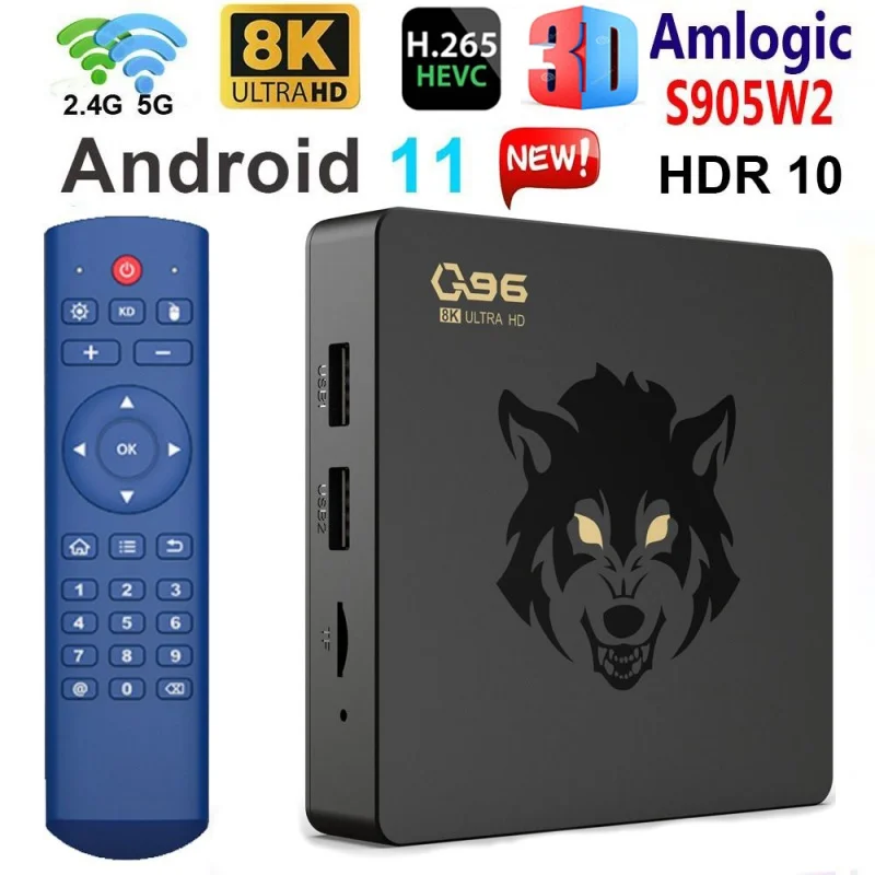 Q96 8K tv box Android 11 Amlogic S905W2 Quad Core 2.4G/5G WIFI UHD HDR 3D 2GB 16GB. Home Theater H. 265 iptv Smart TV Box