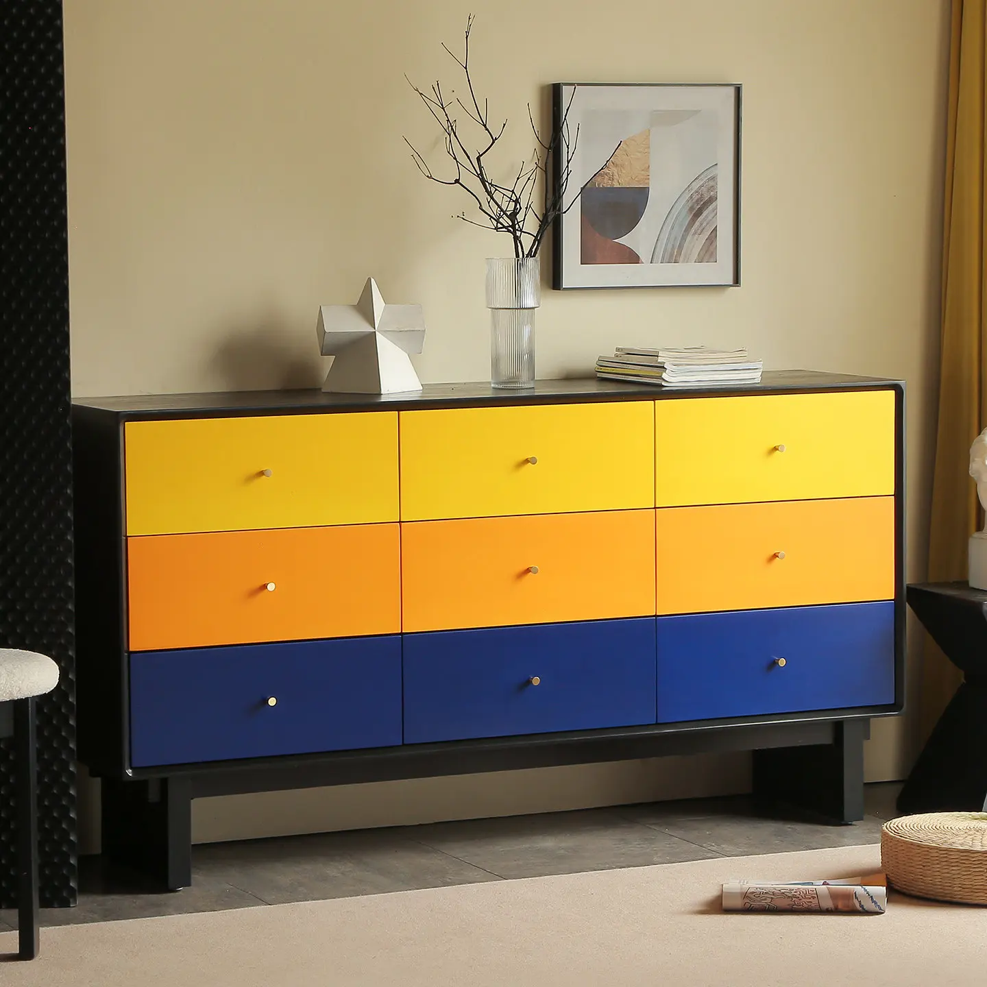Bauhaus Color Block Six Nine Drawer Cabinet Retro Solid Wood Storage Side Cabinet Vintage Sideboard Living Room Bedroom