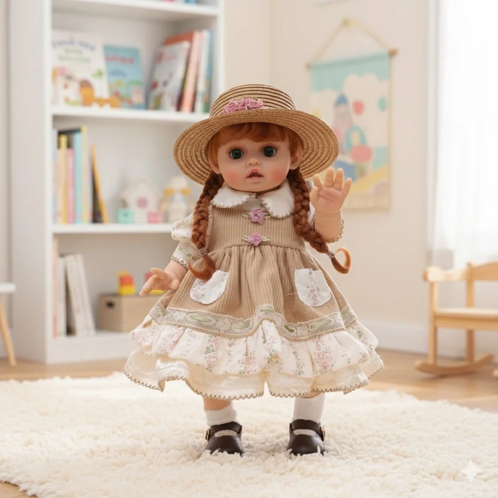 Bambola Reborn Realistica Cloveray Serie Pastorale 45 cm (18 pollici) con Cappello di Paglia, Bambola Ragazza in Vinile Morbido Dipinto a Mano, Serie Country