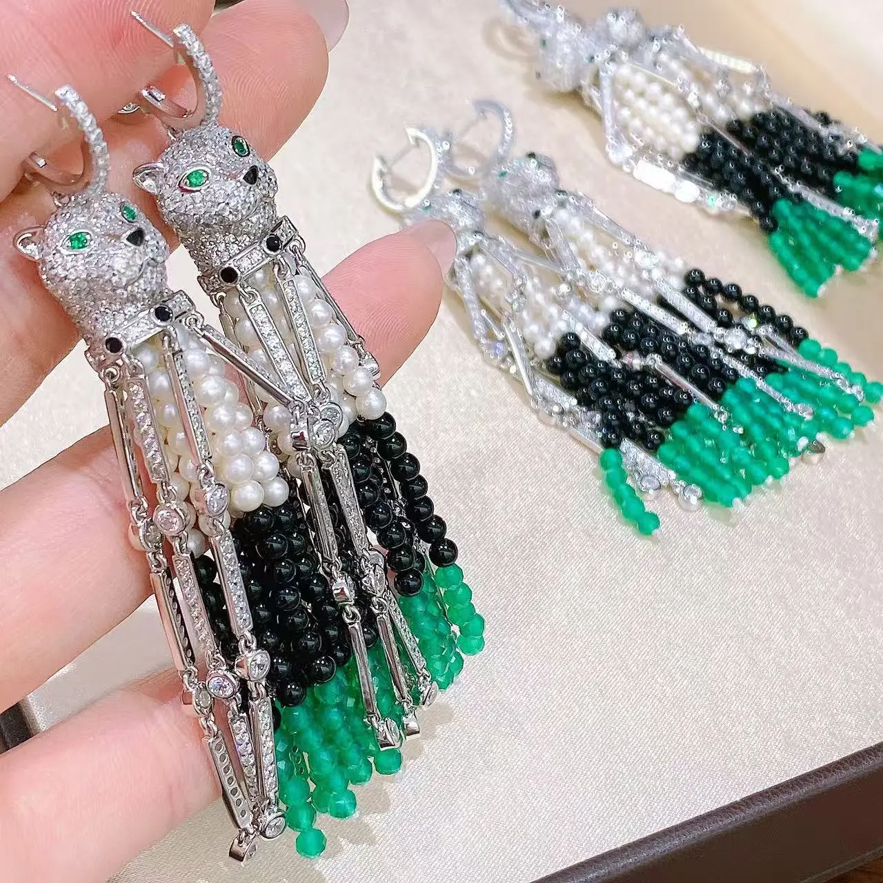 KQDANCE Luxury Solid 925 Silver With Green Agate White Pearl High Carbon Diamond Long Tassel Leopard Head Earrings Jewelry