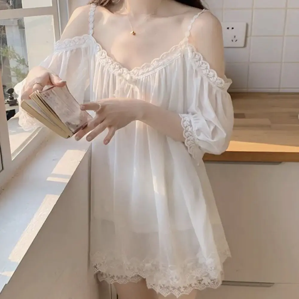 Soft Women Mesh Pajama Set Elastic Nightwear Suspender Shorts Pajama Suit Hollow Out Off Shoulder Women's Sleepwear Sets