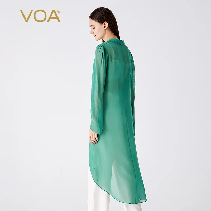 VOA Pure Silk Georgette Green V-neck Long Sleeve Single Breasted Straight Jacket Loose and Versatile Silk Trench Coat FE379