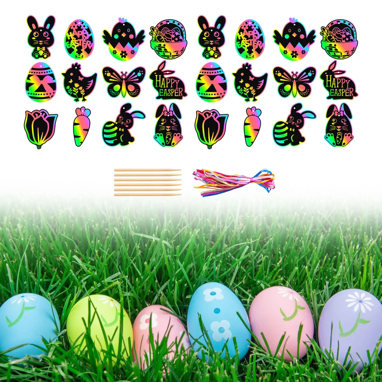24Pcs Easter Scratch Paper Set Hanging Drawing Toys Gifts Decor Party Favors