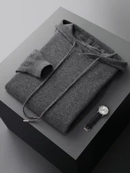 CHICUU Men Hooded Pullover Sweater Autumn Winter Thick 100% Merino Wool Knitwear Long Sleeve Casual Style Clothing Tops