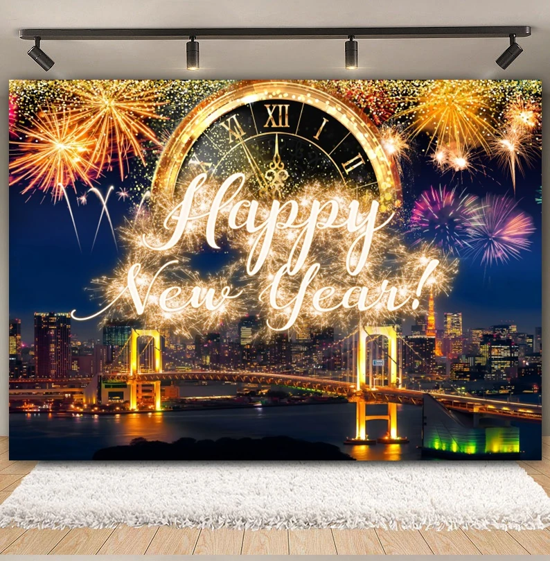 Happy New Year Backdrop for Photography Fireworks Clocks Champagne 2025 New Years Eve Family Party Decor Background Photo Studio