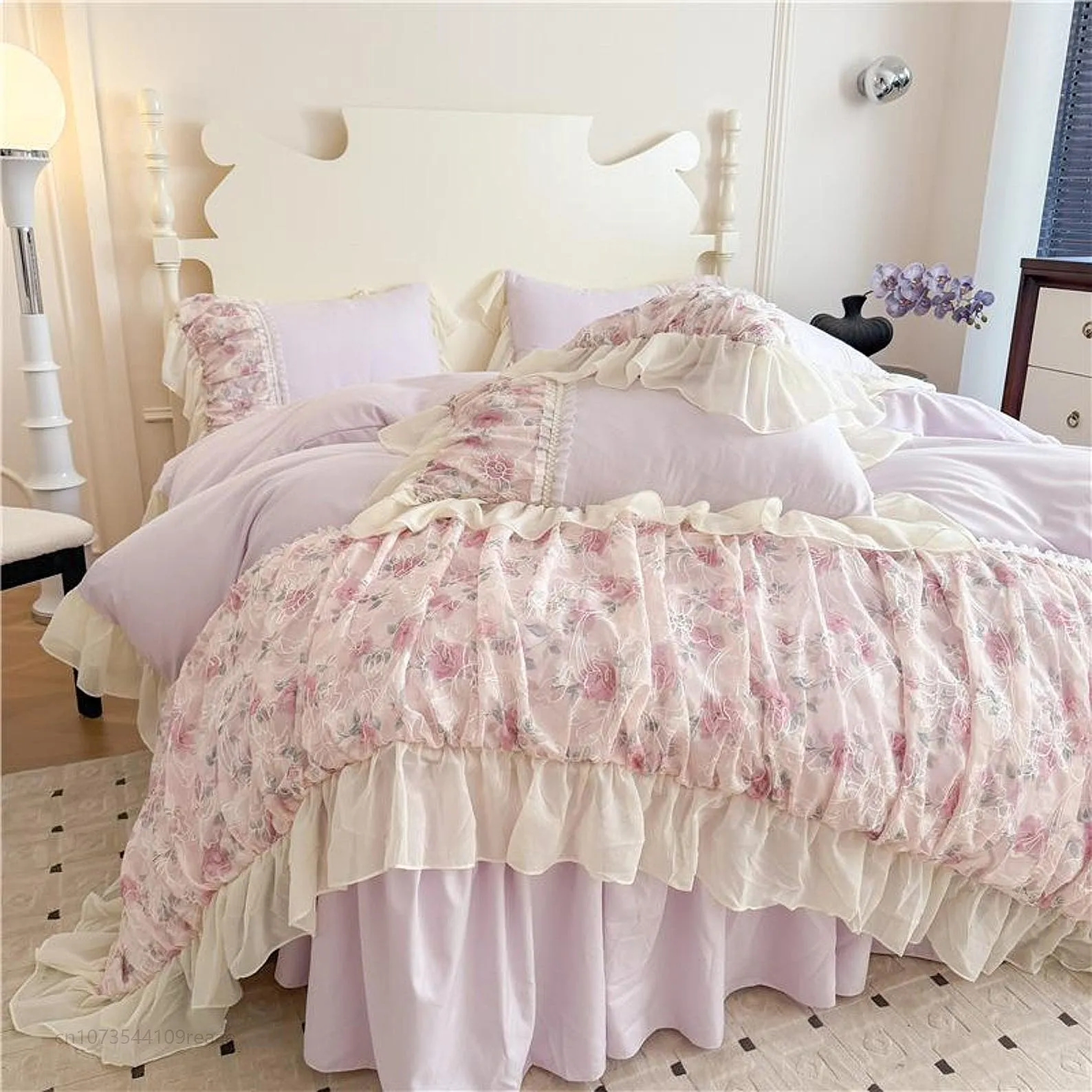 Pink French Princess Bedding Set Washed Cotton Lace Embroidery Queen