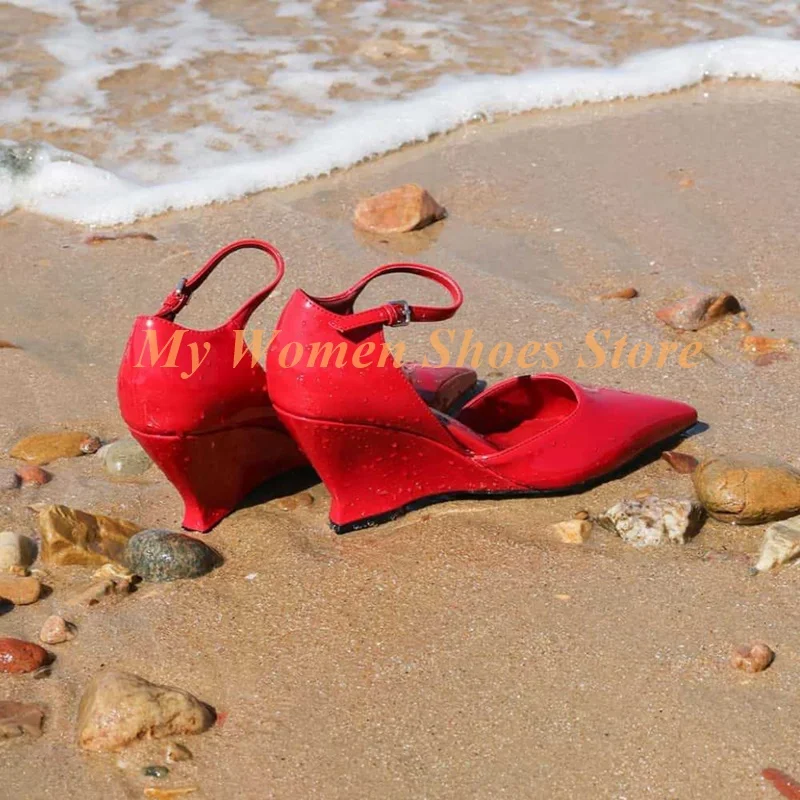 Wedges Pointy Toe Buckle Strap Pumps Sexy Patent Leather Red Black Runway 2026 Spring Women Dress Shoes Handmade Solid