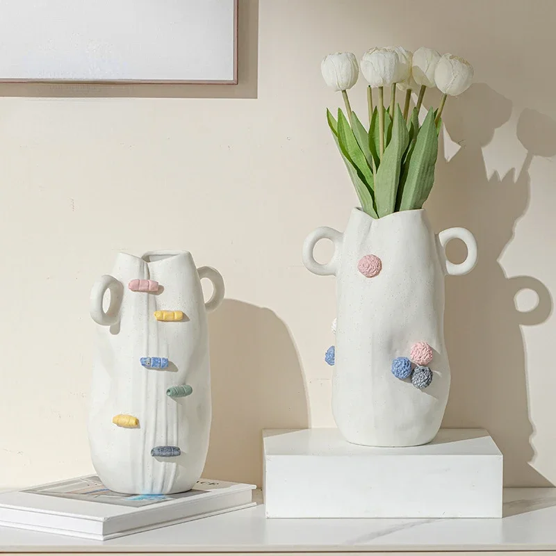 Ceramic Vase White Retro Double Ear Hand Pinch Pattern Flower Vase Flower Arrangement Accessories Home Decoration Terrarium