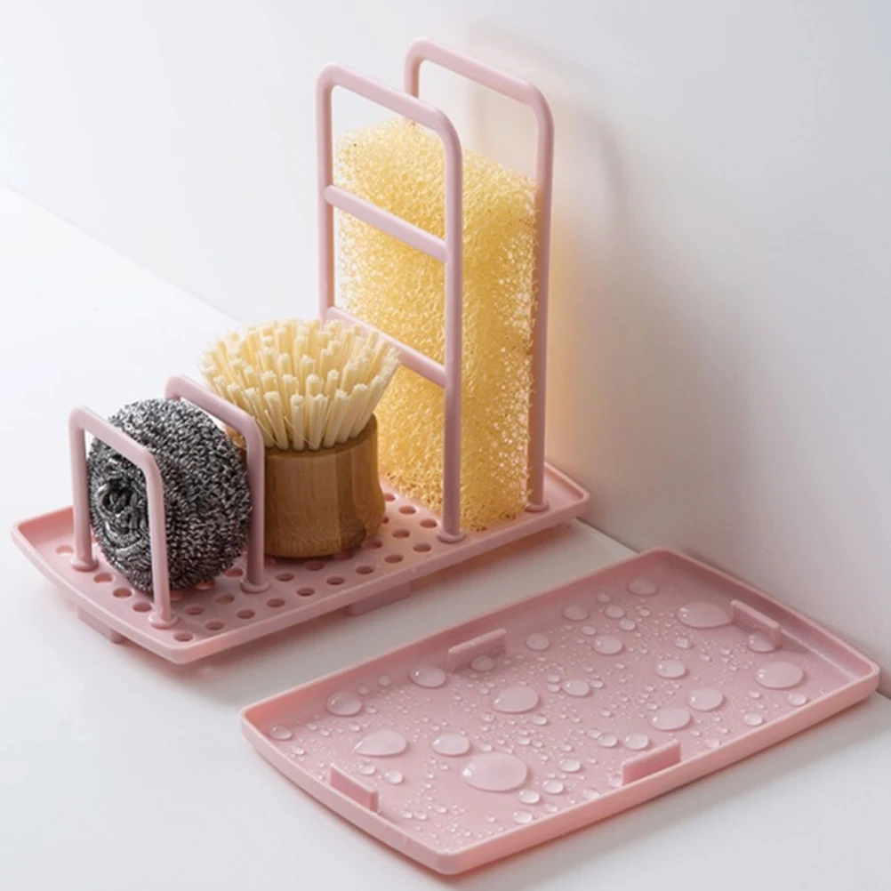 【Pink】Duster Cloth Rack Sponge Holder Drain Stand Plastic Kitchen Organizer Lightweight Space Saving Suction Towel Soap