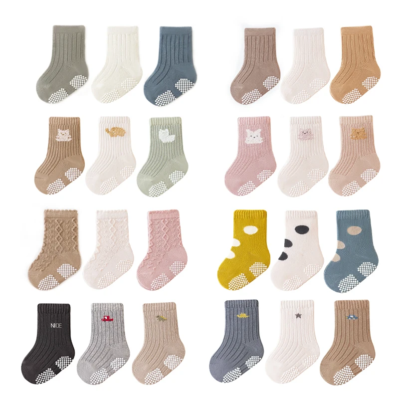 

3 Pairs/lot 2023 Autumn Winter Children Non-Skid Embroidery Cartoon Socks Baby Boys Girls 0-5Y Pure Cotton Solid Gripper Socks