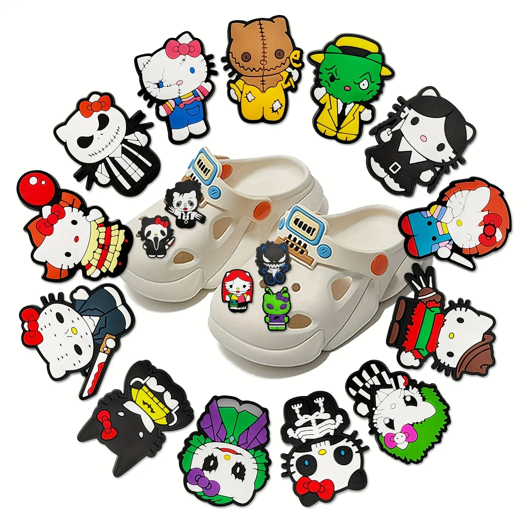 MINISO 18pcs Halloween Kitty Shoe Decorations Accessories Charms For Clogs Bogg Bag Bubble Slides Sandals