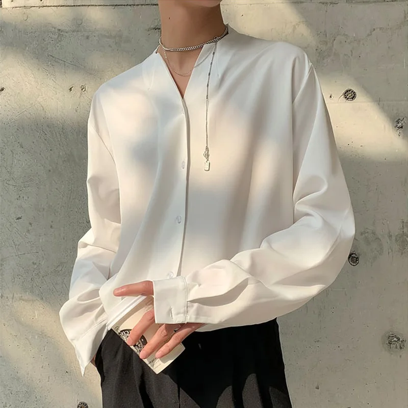 

Men's Long Sve irt Vintage V-Ne Drapey Smooth Stand Collar Versatile Faionable Trendy Ins Top Youth Loose Fit Autumn...