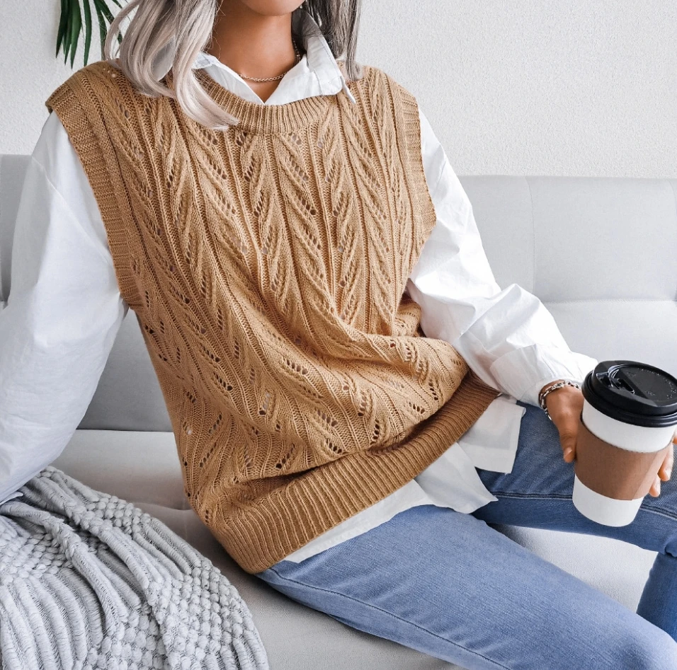 Women's Vest Winter 2024 Fashion Commuting Solid Color Round Neck Sleeveless Hollow Knitted Loose Fit Casual Sweater Vest