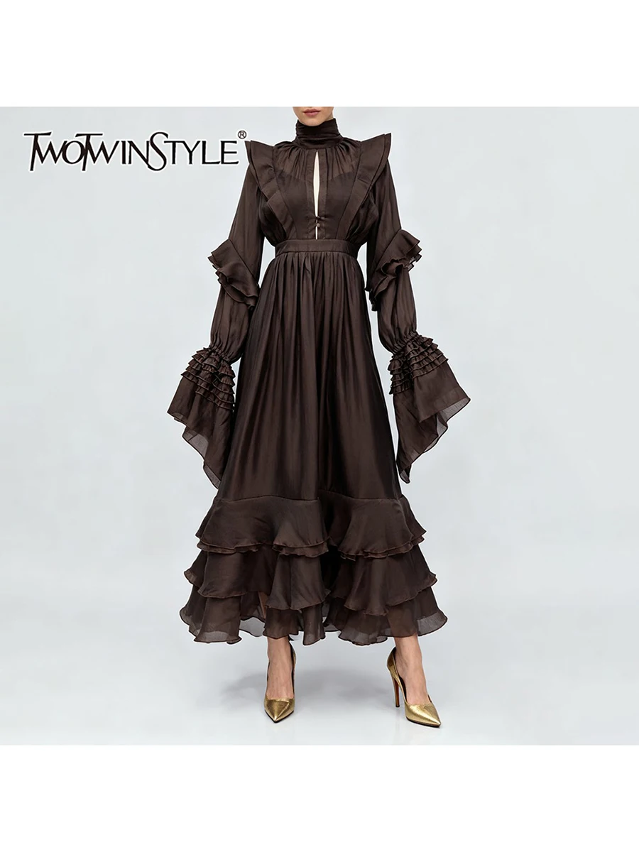 TWOTWINSTYLE Vintage Spliced Cut Out Slim Mid Dress for Women Stand Collar Long Sleeve Tiered Ruffled Hem Elegant Dresses Female