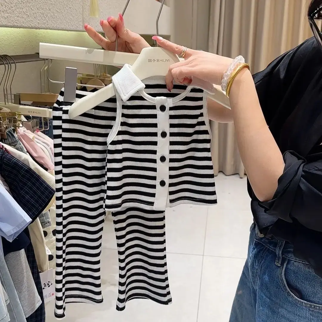 Girl Suit 2025 Summer New Foreign Style Baby Girl Striped Sleeveless Vest Micro-pull Pants Two-piece Summer Suit