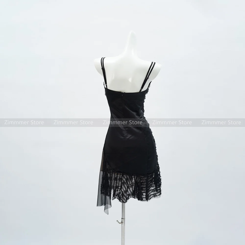 High quality! 2024 summer new black lace V-neck black gauze mesh halter mini short dresses