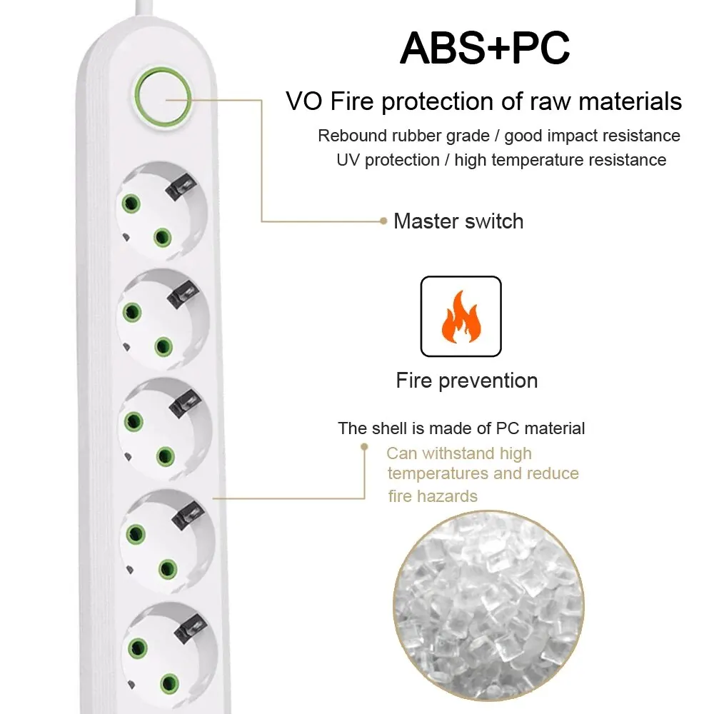 2500 W EU-Stecker AC-Steckdose Multiprise Steckdosenleiste 2 m Verlängerungskabel Steckdose Netzwerkfilter mit USB-Anschlüssen Schnellladung