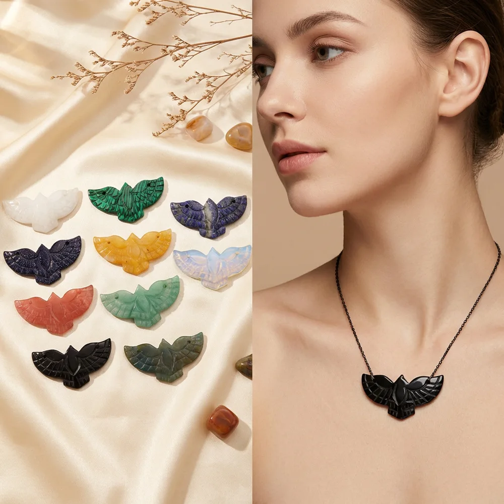 

Natural Carved Thunderbird Crystal Pendants, Mixed Gemstone Eagle Charms for DIY Jewelry Making Necklace
