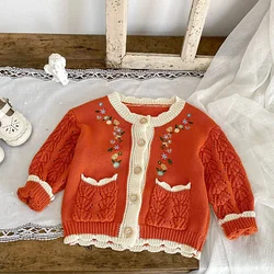 0-3T Newborn Kid Baby Sweater Cardigan Girl Winter Clothes Long Sleeve Floral Knit Pullover Top Flower Embroidery Knitwear Coat