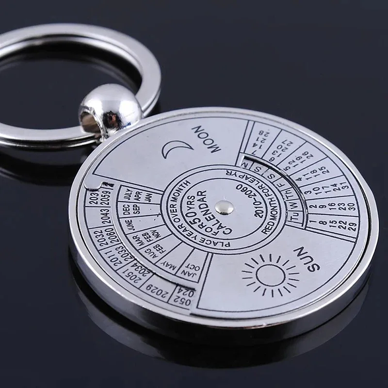 Retro Fashion 50-Year Perpetual Calendar Keychain Silver Alloy Pendant Car Key Ring Bag Wallet Decor Souvenir Gift For Men