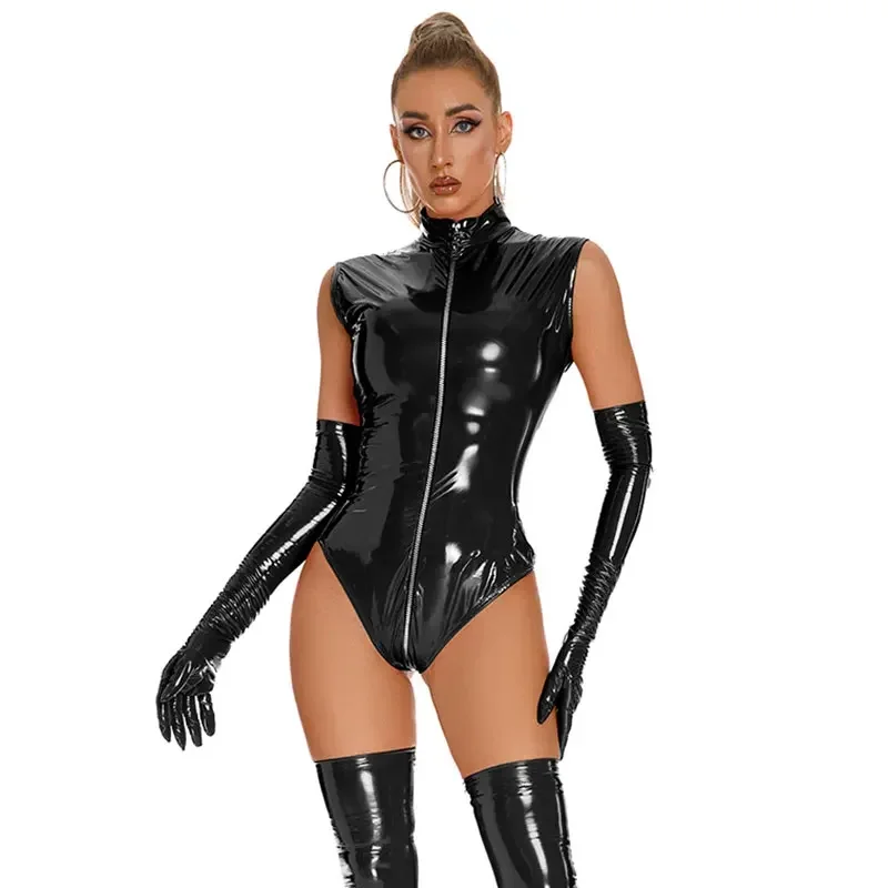 المرأة المثيرة مثير PVC اللاتكس ارتداءها فو الجلود Catsuit المرأة لامعة فو الجلود ارتداءها الجبهة زيبر ثوب بودي كون