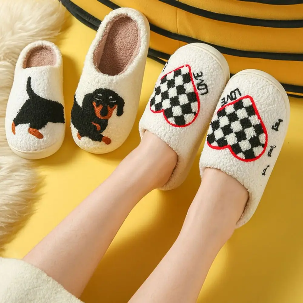 

Cute Dog Spider Slippers Love Plaid Soft Plush Slippers Non-slip Thick Winter Warm Slippers Home