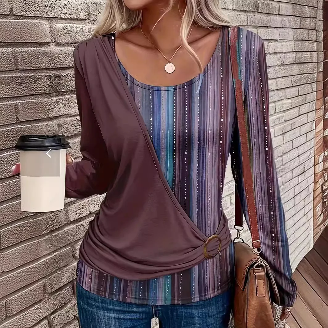 Spring Fall Women's Color Block T-Shirt Round Neck Long Sleeve Blouse Printed Loose Fit Casual Top Casual Women T-Shirts Office