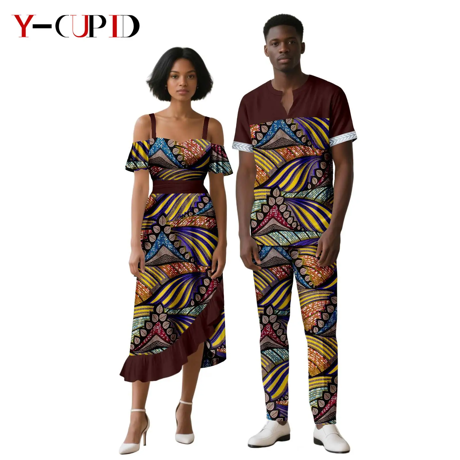 

African Print Asymmetrical Ruffles Dresses for Women Matching Couple Clothes Men Outfits Dashiki Top and Pant Sets 25C044