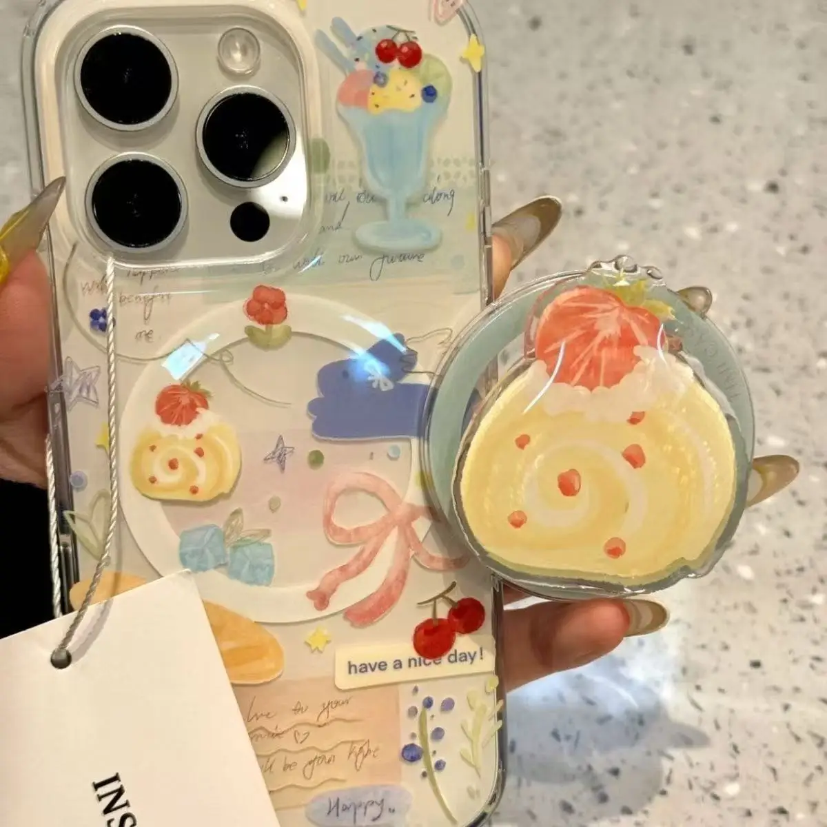 

Cute Strawberry Cake Roll Magnetic Phone Grip Stand Universal Folding Bracket Airbag Holder Finger Socket Kawaii Phone Decor