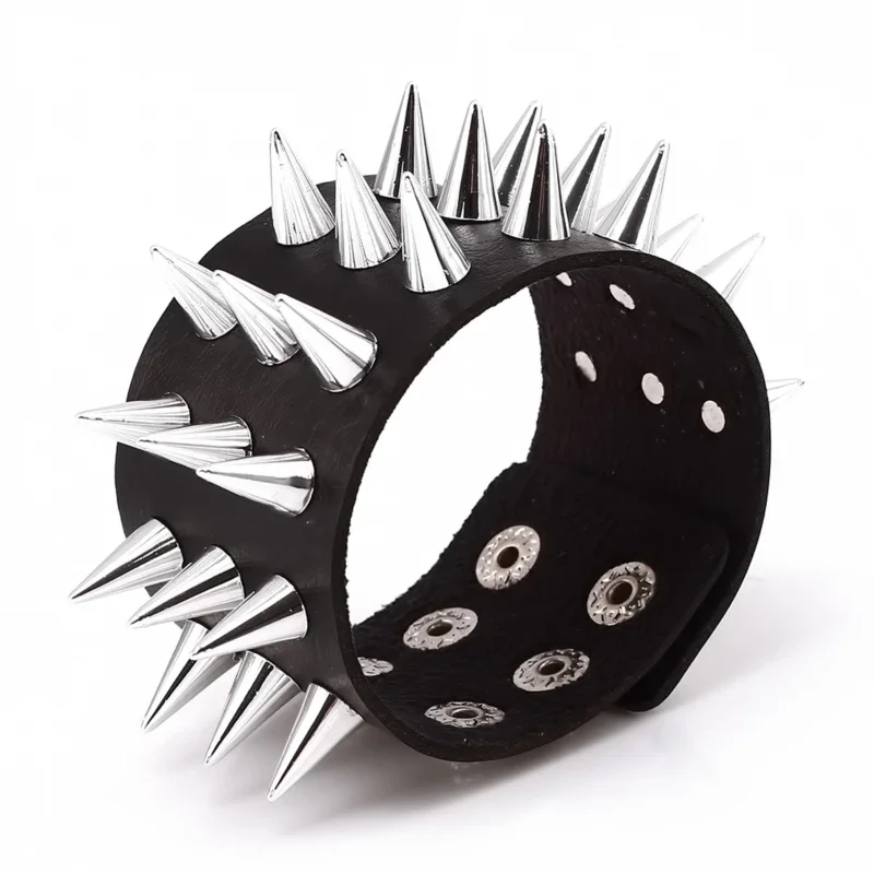 Three Row Cuspidal Spikes Rivet Stud Wide Cuff Leather Punk Gothic Rock Unisex Bangle Bracelet Men Jewelry