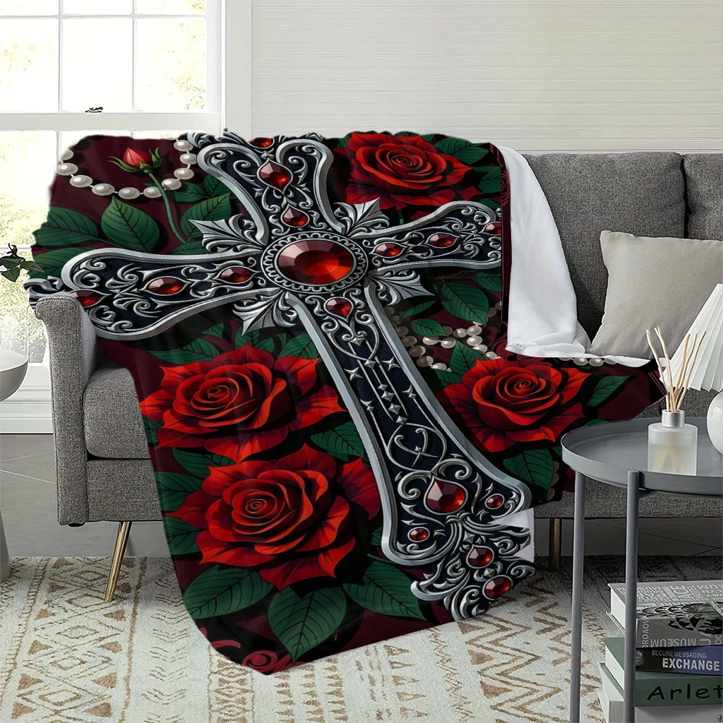 Gothic Rose Cross Flannel Throw Blanket, Vintage Red Rose Pearl Heart Decorative Blanket, Soft Warm Lightweight Bed Sofa Cover