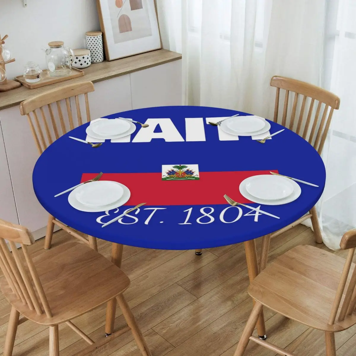 Haiti EST. 1804 Independence Haitian Flag Waterproof Round Tablecloth Oilproof Table Cloth for Kitchen Events Dining Table Cover