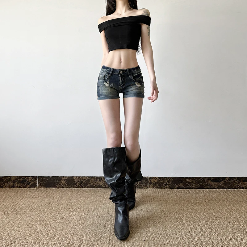 Pantaloncini a gamba larga dritti estivi da donna 2025 Pantaloni corti in denim con foro vintage stile americano Y2k Pantaloncini sexy a vita bassa