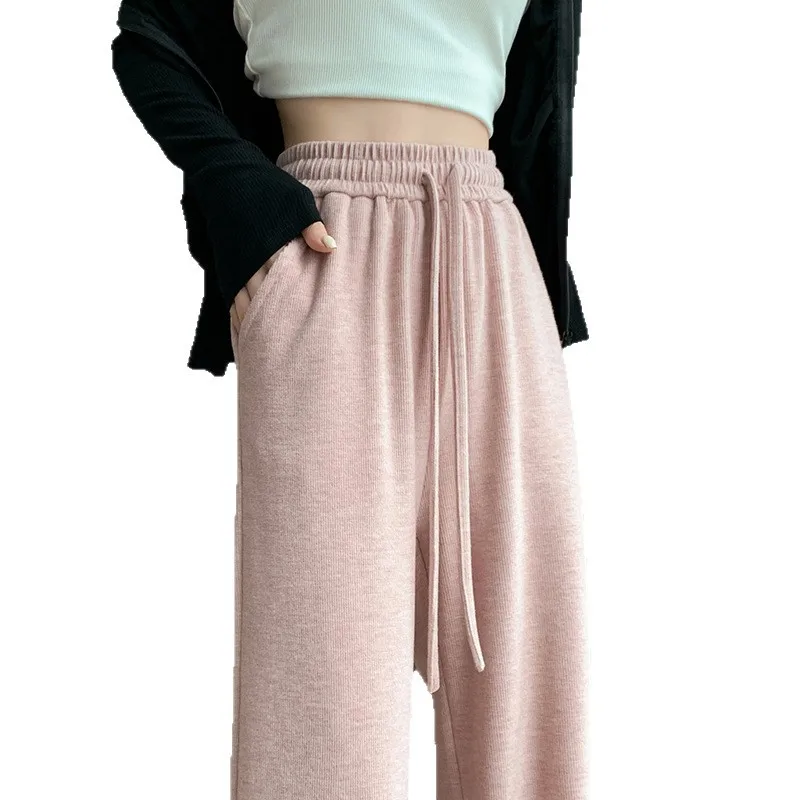 Calças de perna larga cáqui feminino verão modal solto-ajuste faixas cordão leve emendado kawaii flowy babados arejado simples