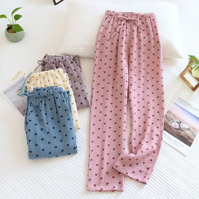 Summer Thin Double-layer Cotton Yarn Women's Sleeping Pants, Comfortable Pure Cotton Crepe Fabric Love Home Pants, Loose Pants
