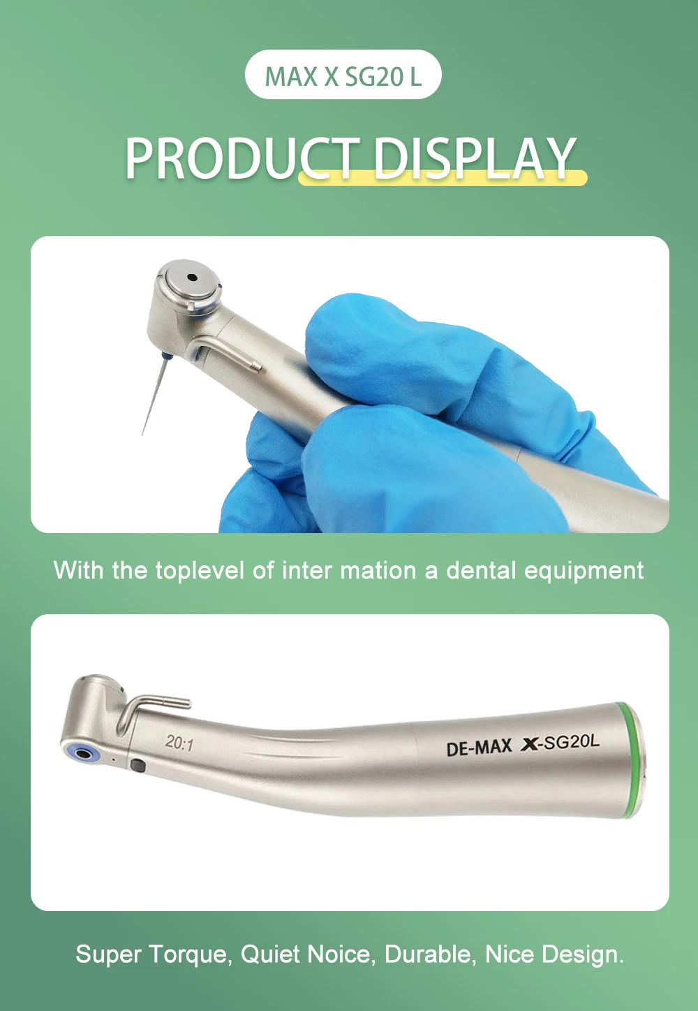 Dental 20:1 LED Low Speed Handpiece Green Ring Fiber Optic Contra Angle Dentistry Implant Handpiec SG20L