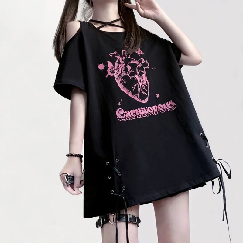 Dark Style Neck Hanging Cross Print Tie Loose Short Sleeved T-shirt for Female Students, Summer Slimming and Flesh Covering Top