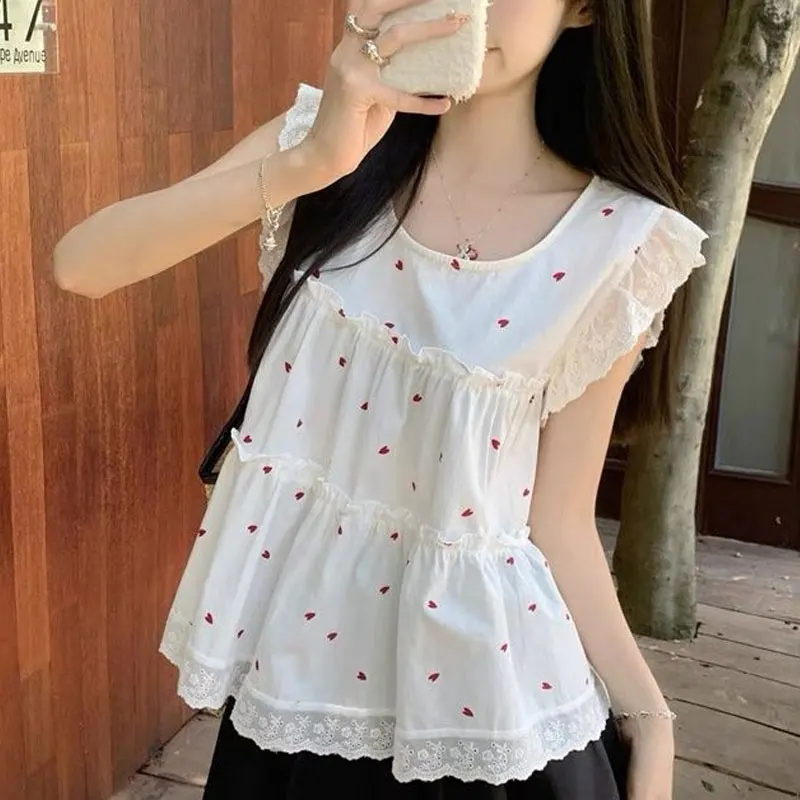 

Casual Heart-shaped Printed Shirts Summer Fashionable Lace Patchwork Women's Clothing Korean Sleeveless Vintage Loose Blouse New