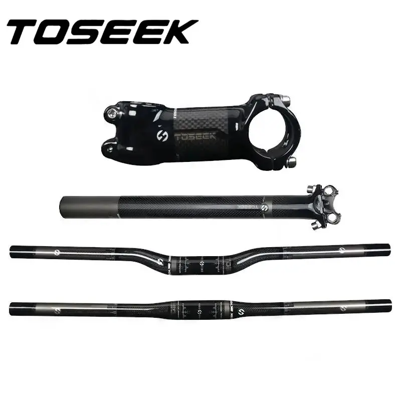 TOSEEK Glossy 3K Carbon Bike Mountain Handlebars Sets Rise or Flat Handlebar Stem Seatpost Cycling Parts MTB Bicycle Parts