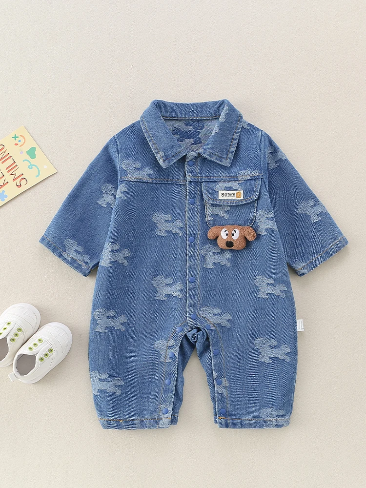 

Newborn Baby Clothes Spring New One-Piece Long Sve Single Layer Denim Jaet Super Cute Cartoon Spring Summer Rer