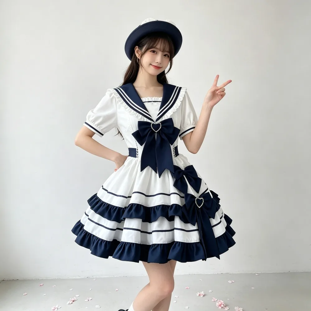 Sailor Suit Navy Cyan Tiered Cake JK Lolita Dress, Cute Summer youth Outfit For Daily School Uniform Matching & Anime Cosplay