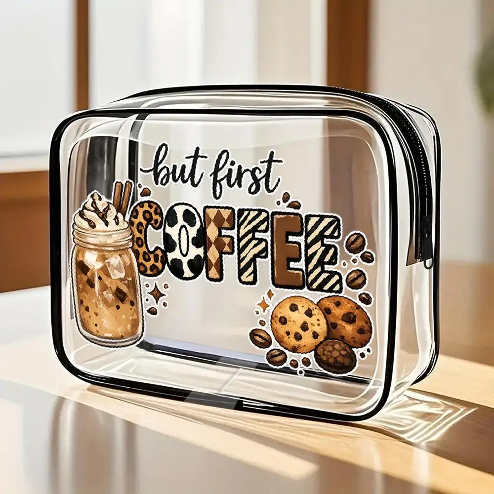 Toiletry Bag Coffee Graphic Iced Coffee Jar and Chocolate Chip Clear Zipper Makeup Bags Playful Animal Print Lettering Design