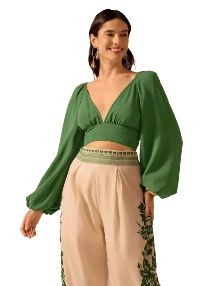 

Bohemian Style Fashion Casual Two Piece Set Women Vacation Printed V-neck Backless Low Cut Cropped Top And Wide Leg Pants 2 Sets
