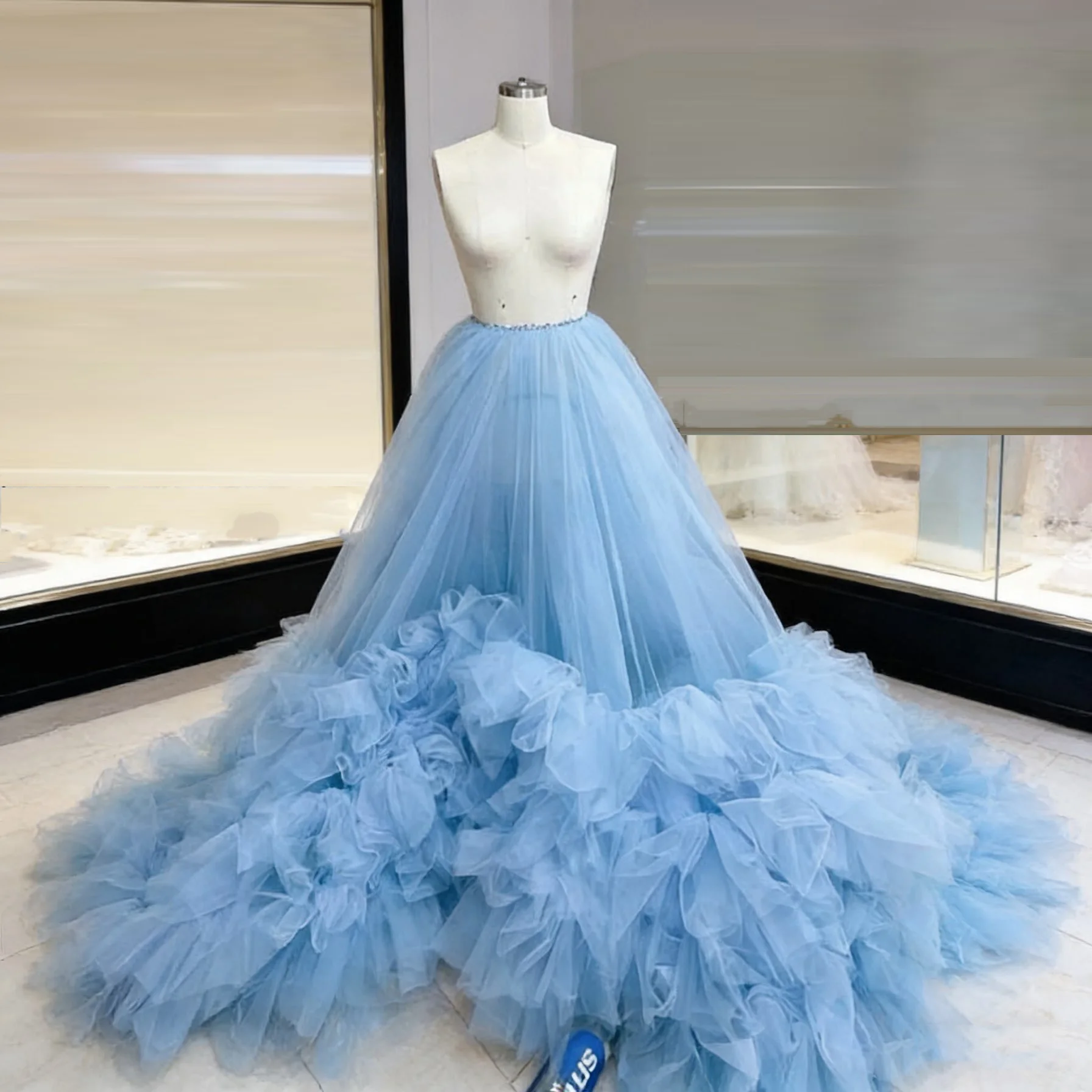 

Длинная пышная многослойная юбка-туту с оборками и эластичным поясом, женская модная макси-юбка небесно-голубого цвета из сетки