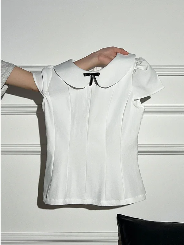 Cute Doll Style Women's Shirt Slimming Waist Design Versatile Korean Version Breathable Polyester Short Sleeve  Knot...