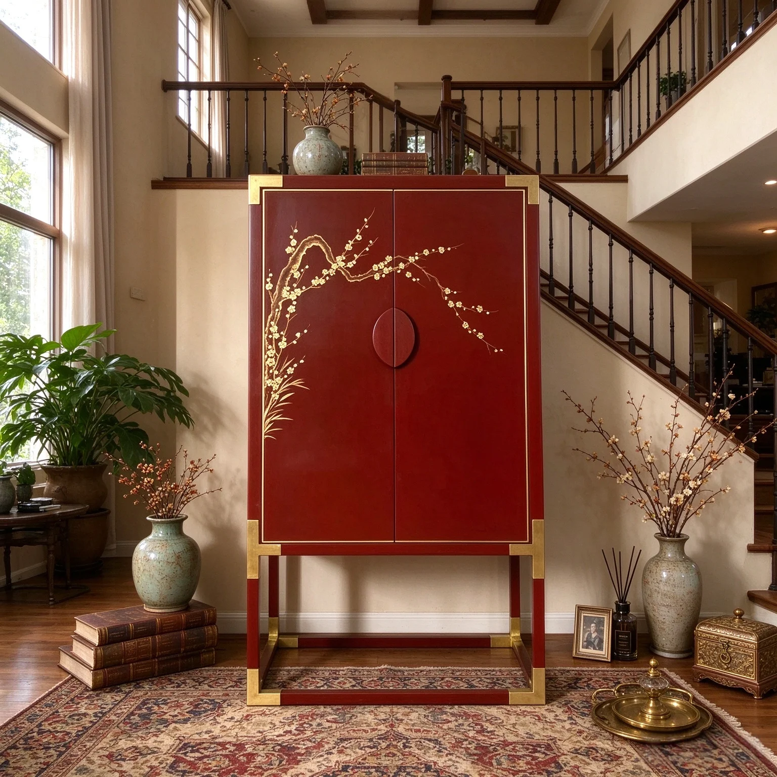 New Chinese lotus painted wine cabinet living room floor-to-ceiling solid wood locker metal corner foot decorative cabinet