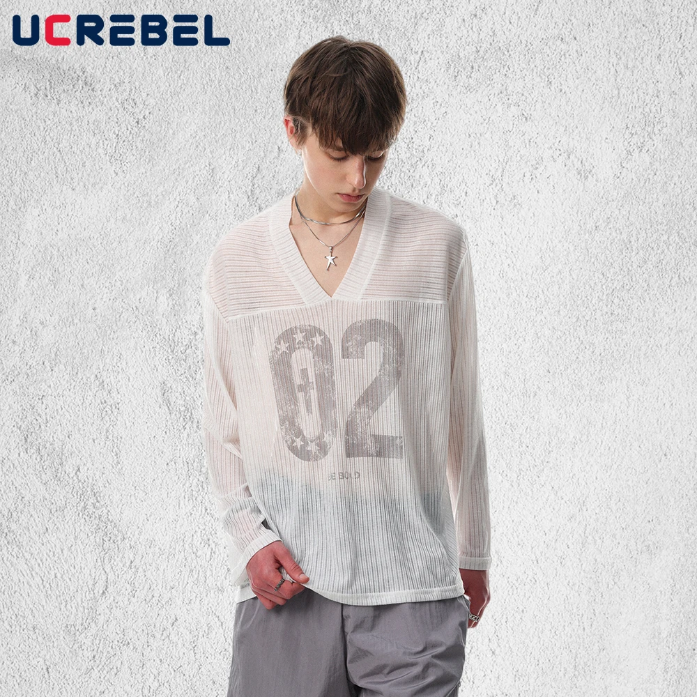 

Мужская футболка с длинным рукавом и принтом, летняя, тонкая, в стиле хип-хоп, уличная мода, свободная, с V-образным вырезом