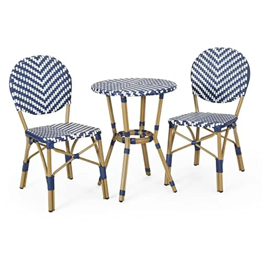 French Style Outdoor Bistro Set Aluminum Frame Bamboo Finish Navy Blue White Wicker Rattan Lightweight Rust-Resistant Table